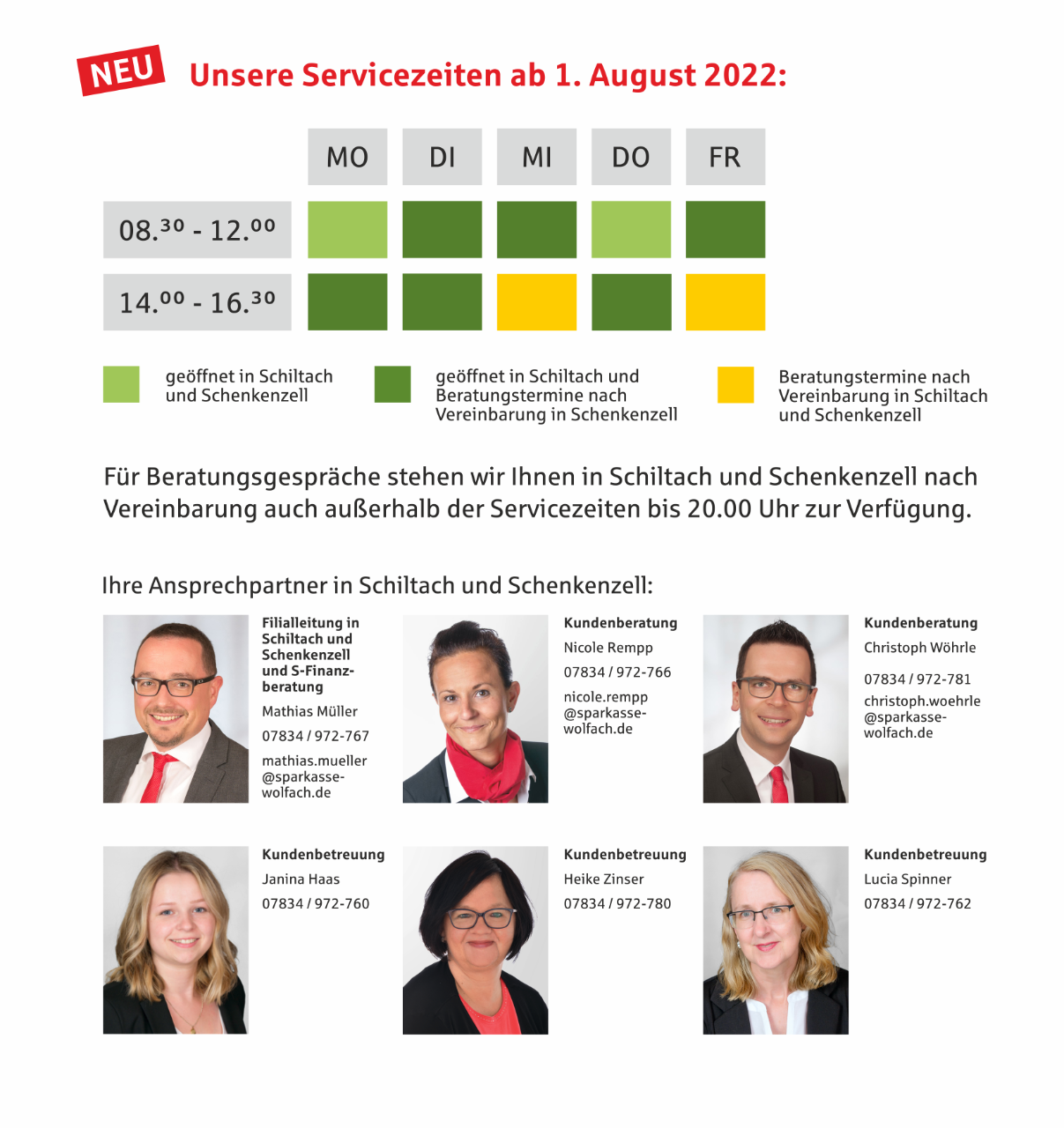 Neue Servicezeiten in Oberwolfach